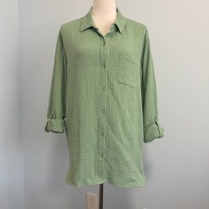 Nine West Women’s Long Sleeve Cotton Green Gauze Blouse Size L